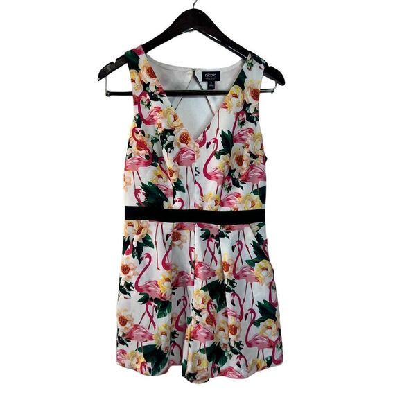 Nicole Miller women’s tropical flamingo short romper cut out back vacation sz 2 - Picture 1 of 7